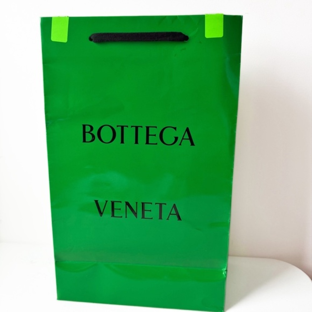 Bottega Veneta Shiny Green Paper Shopping Bag • Black Writing • Shoelace Handles